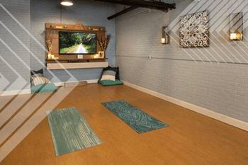 a room with a television and several yoga mats